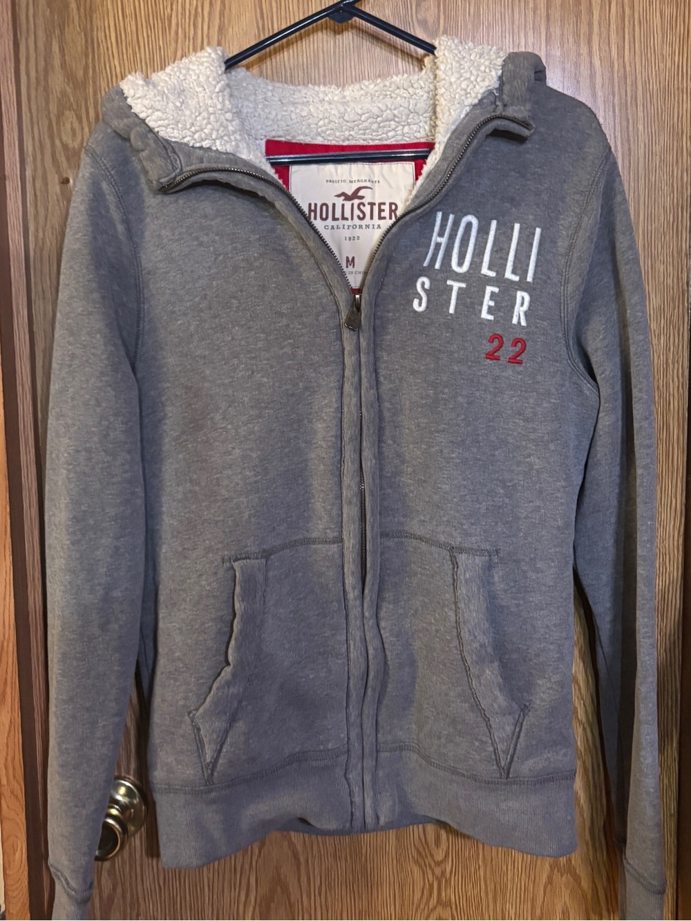 Hollister Gray Sherpa-Lined Zip Hoodie with White and Red Accents